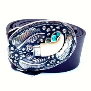 Turquoise & Mother of Pearl Silver Buckle Brown Italian Leather Belt